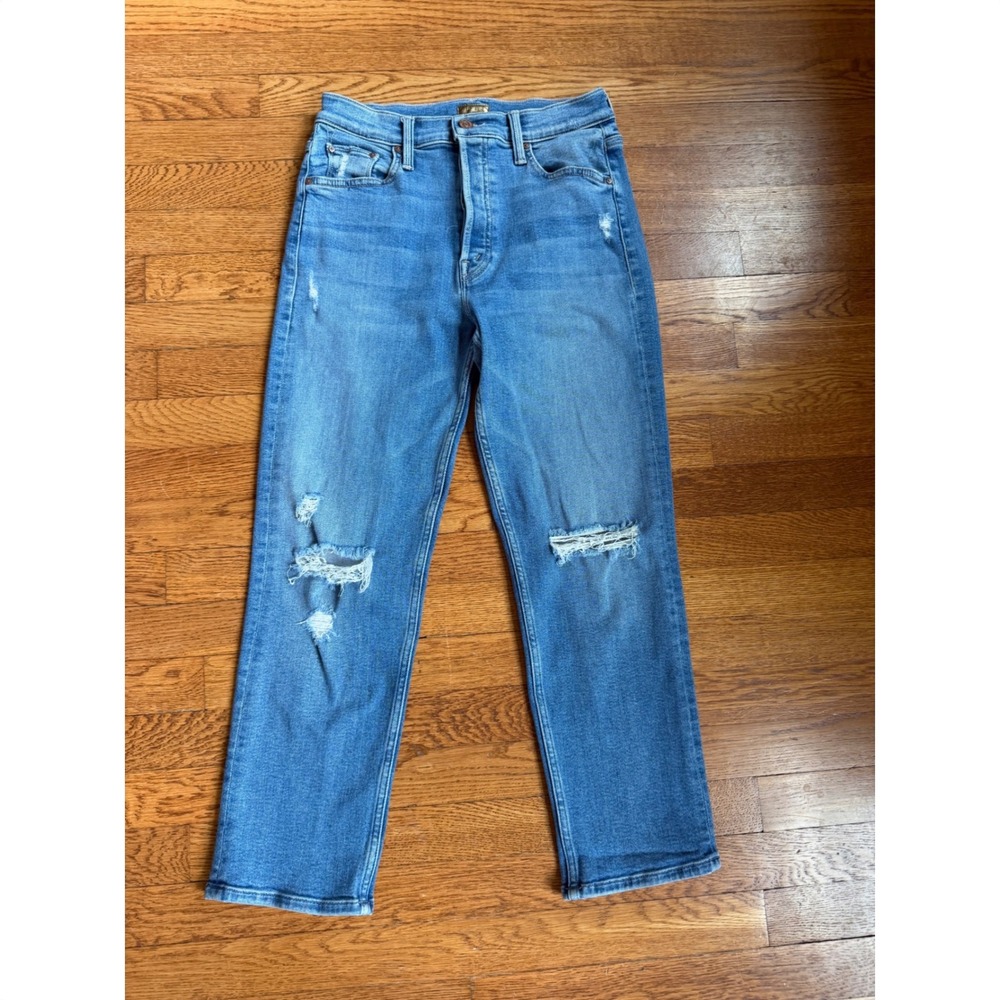 Mother The Tomcat Distressed Straight Leg Jeans Play Like A Pirate Blue 28